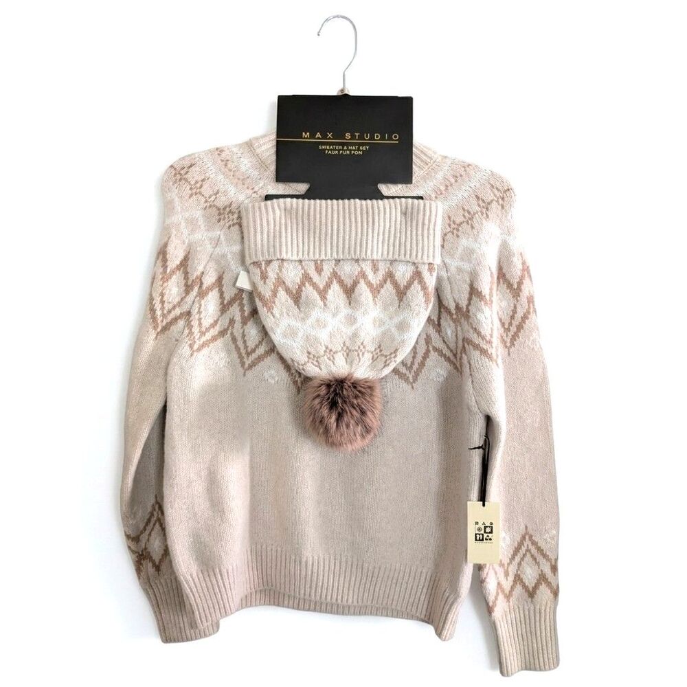 Max Studio Fair Isle Knit Sweater and Pom Beanie Set Cream Brown Ski Lodge Small